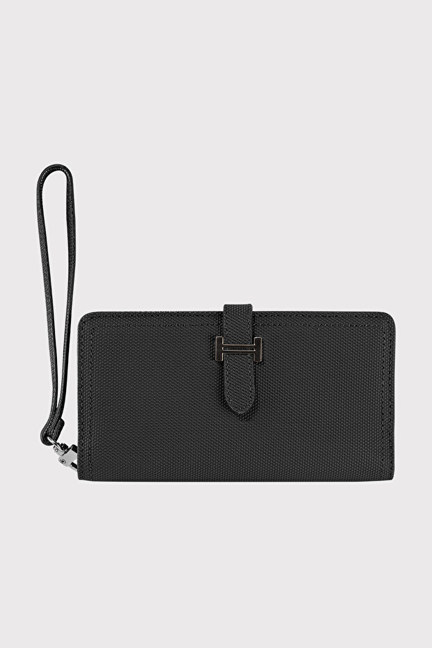 Astana Belt, Zipper, Wrist Strap, Phone Compartment, Pique Pattern, Black Women's Wallet