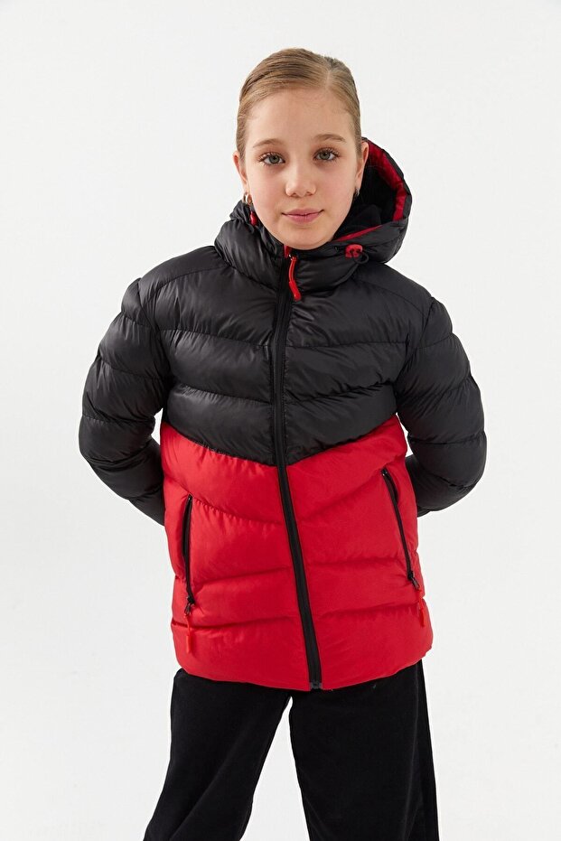 Girl's Windproof Thick Fiber Black-Red Hooded Jacket