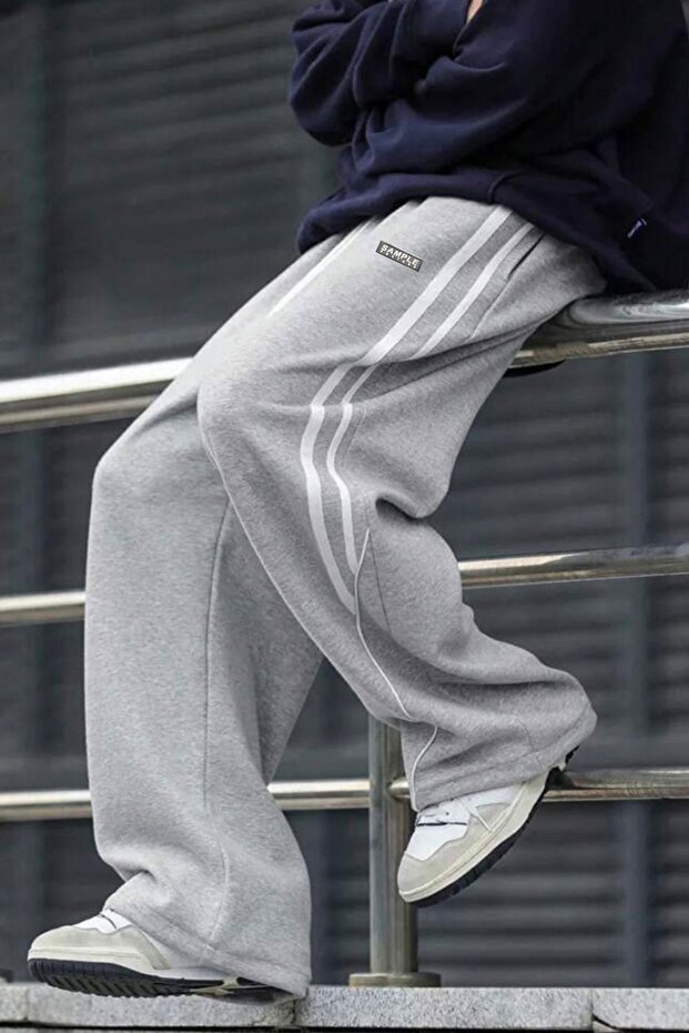 Men's Wide Leg Stripe Detailed Gray Logo Baggy Sweatpants
