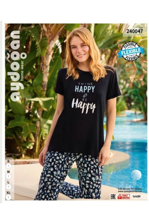 Aydoğan Homewear -Think Happy be Happy- Printed Viscose Summer Pajama Set