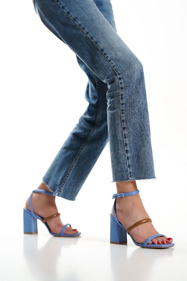 Mavi Denim Kahve Tek Bant Bilekten Bağlamalı Kadın Topuklu Ayakkabı - 3