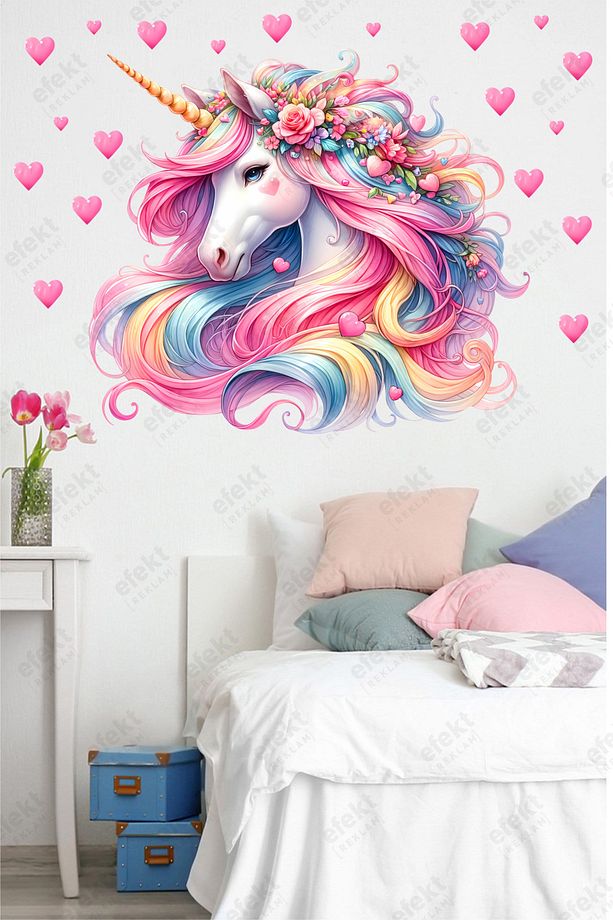 Unicorn ve Kalpler Çocuk Odası Kapı-Duvar Yapışkanlı Sticker Seti - 1