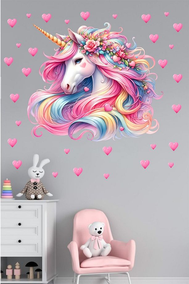 Unicorn ve Kalpler Çocuk Odası Kapı-Duvar Yapışkanlı Sticker Seti - 3