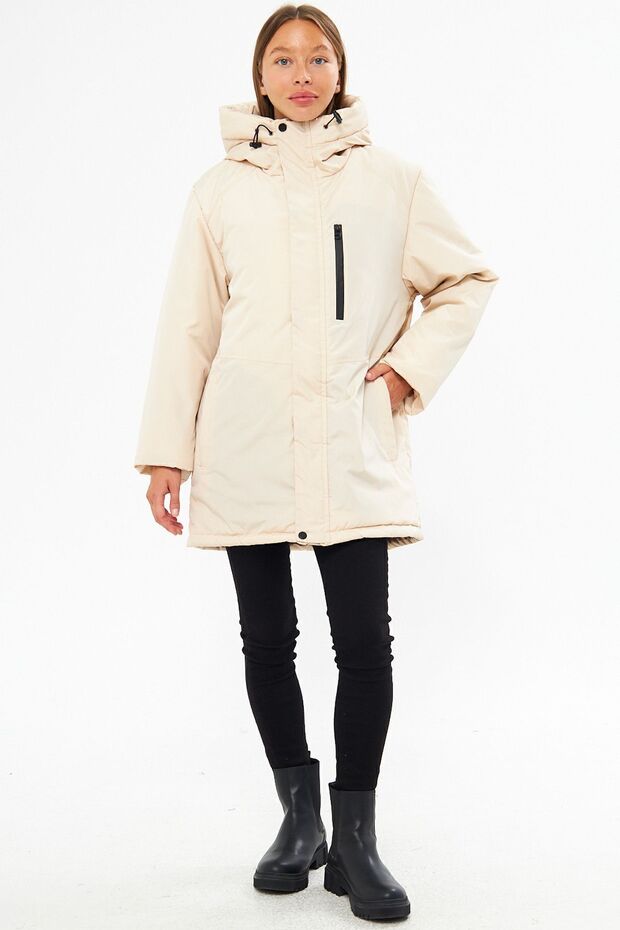 Beiger Damen-Sportmantel – winddicht, mit Kapuze, Winterparka - 2