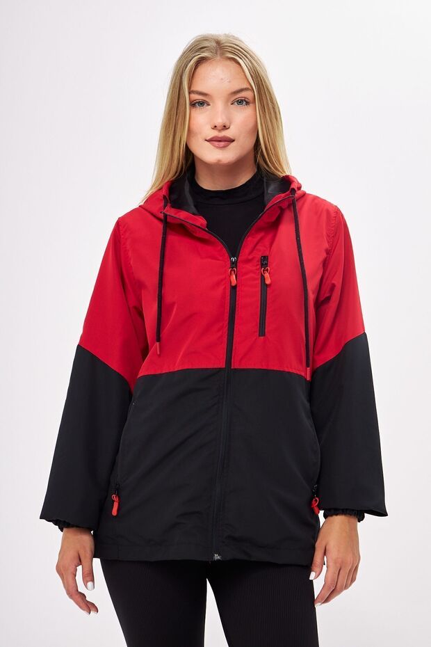 Women's Red-Black Two Color Lined Windproof Hooded Raincoat with Pockets