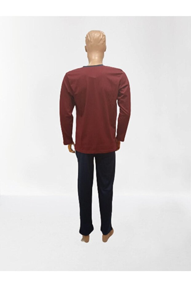 Erkek Bordo %100 Pamuk 3 Düğmeli Pijama Takım - 2