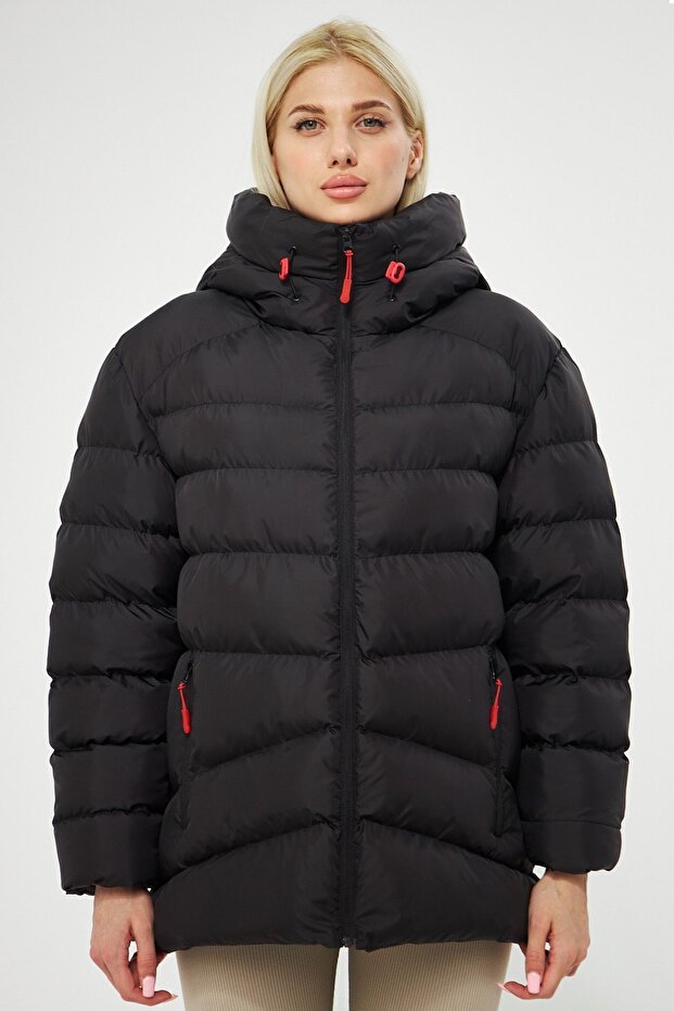 Women's Black Fiber Hooded Windproof Puffer Winter Jacket