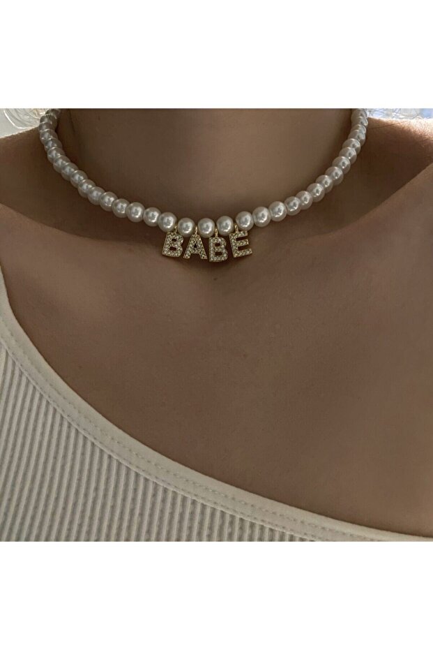 Zircon Stone Babe Written Pearl Necklace