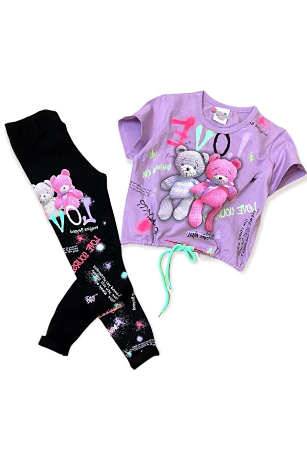 Girl's Love Glitter Detailed Amigurimi Teddy Bear Visual Printed Waist Drawstring Crop Tights Set 2 Piece