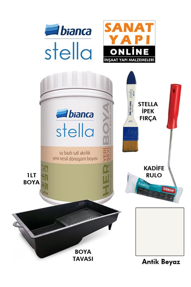 Stella Boya 4 Parçalı Set ( 1Lt Boya - Boya Tavası- Stella İpek Fırça - Kadife Rulo ) - 1