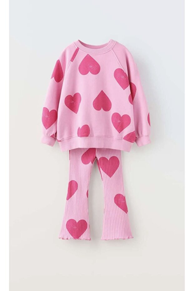 Girl's Heart Patterned Cotton Sweatshirt Tights Bottom-Top Set Pink Color