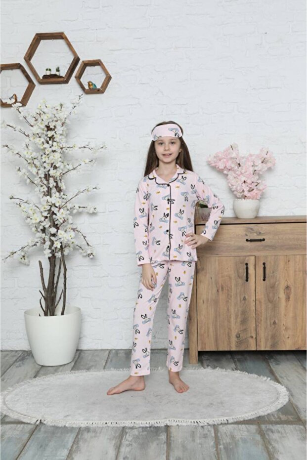 Girl's Bow Tie Rabbit Patterned Long Sleeve Pajama Set, Sleeping Headband Included Set of 3