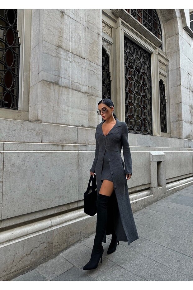 New Season Knitwear Knitted Maxi Length Front Button Closure Cardigan and Mini Skirt Set Dark Gray Color