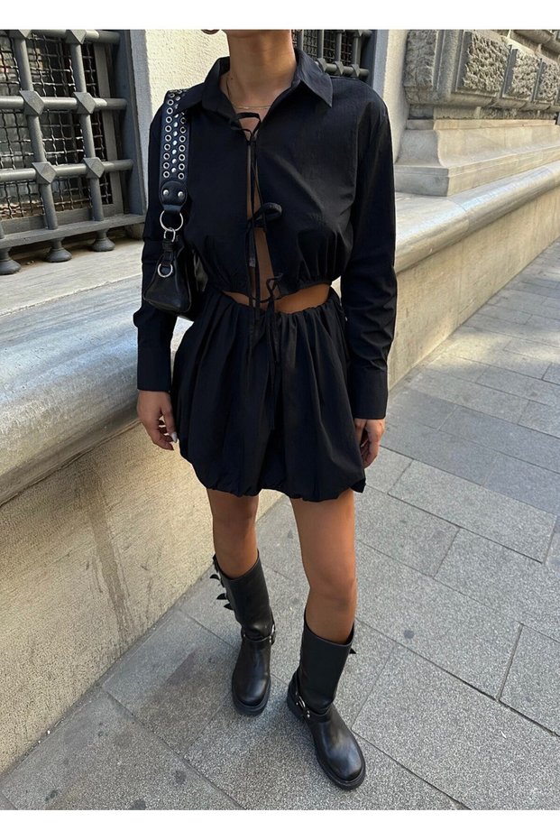 Parachute Fabric Balloon Skirt Front Tie Long Sleeve Crop Shirt Bottom Top Set Black Color