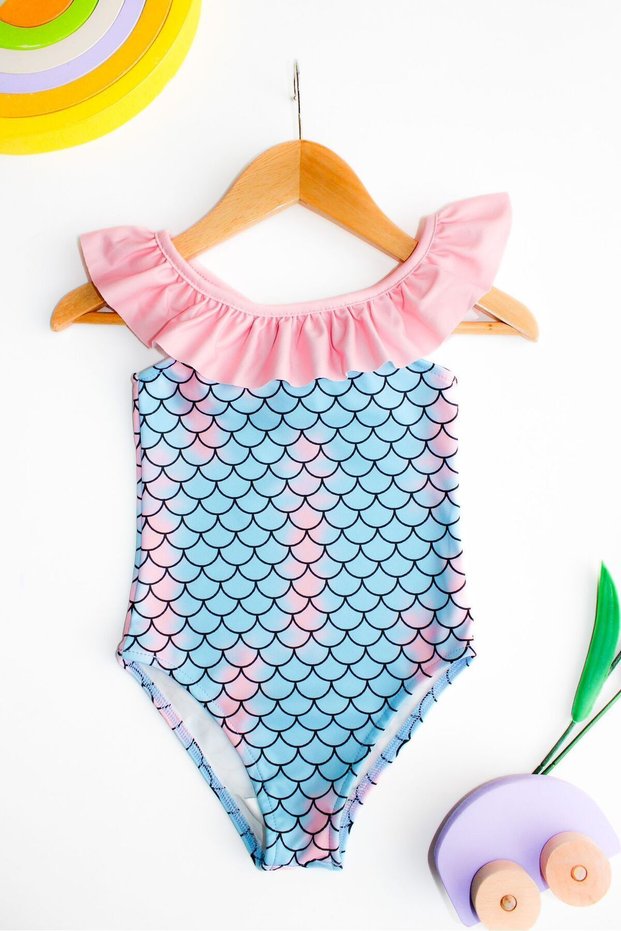 Girl's Pastel Color Herringbone Pattern Ruffle Collar Detailed Swimsuit New Season