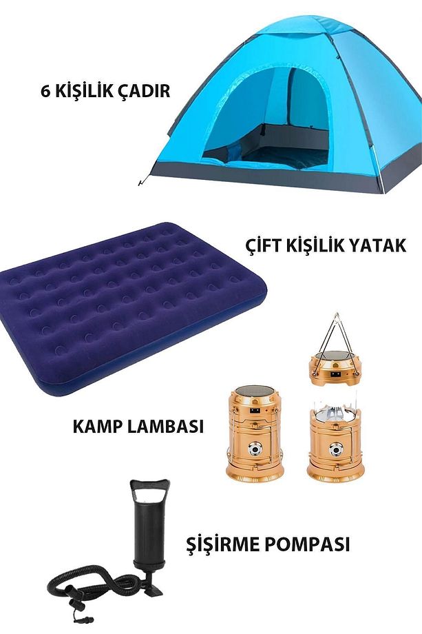 6 Kişilik Kamp Çadırı Çift Kişilik Yatak Kamp Lambası Kamp Seti - 1