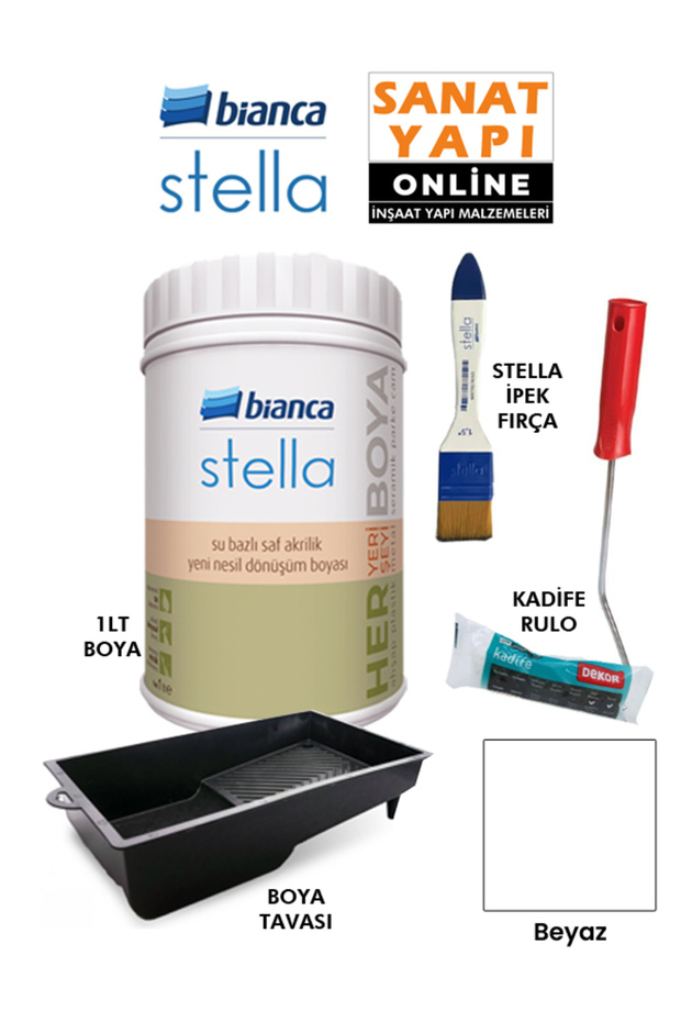 Stella Boya 4 Parçalı Set ( 1Lt Boya - Boya Tavası- Stella İpek Fırça - Kadife Rulo ) - 1