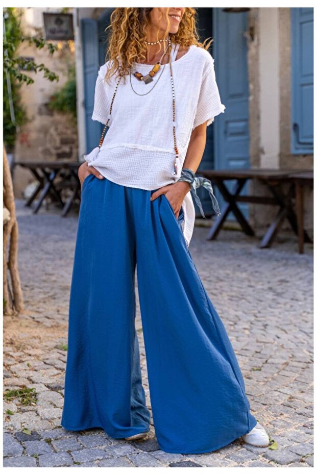High Waist Indigo Blue Spanish Cut Long Trousers - Elastic Wide Leg