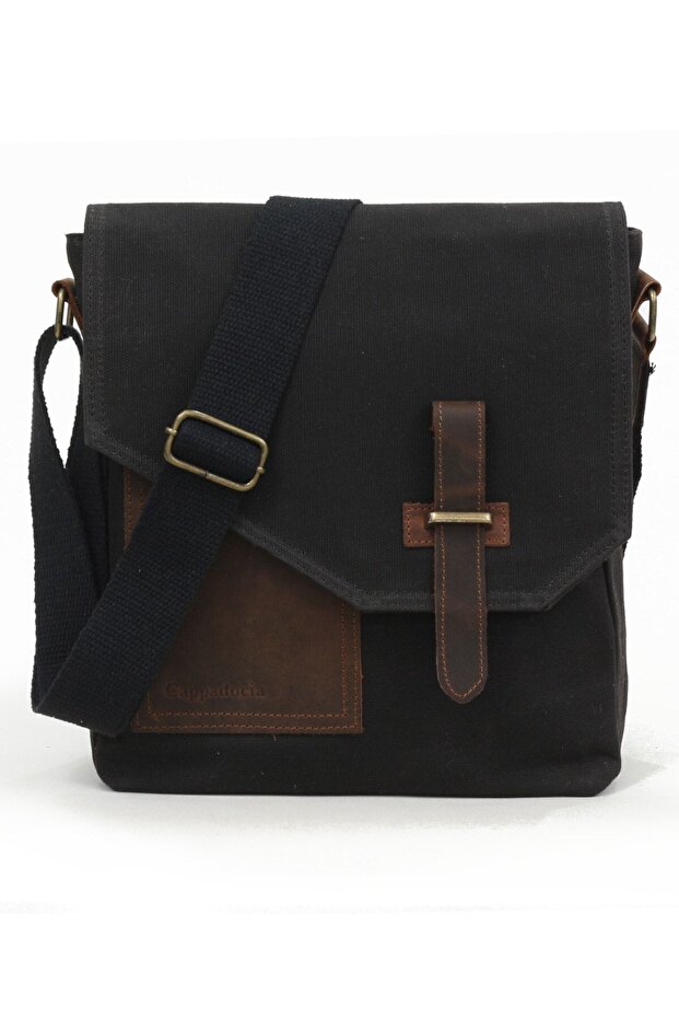 Cappadocia Genuine Leather Water Resistant 4035 Teos Dark Black Postman Shoulder Waxed Canvas Laptop Bag