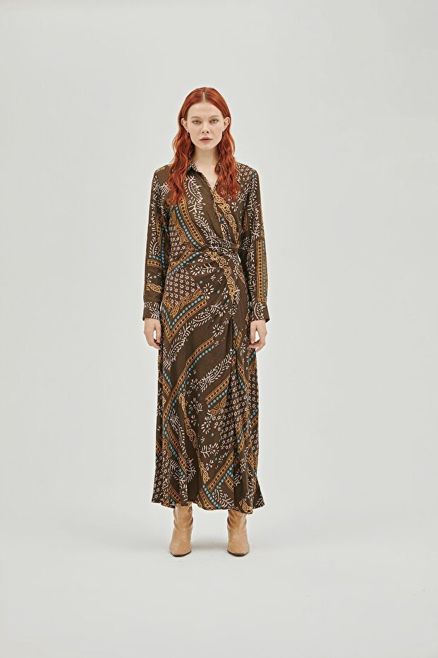 Cardenia Gathered Ethnic Print Viscose Rayon Blended Maxi Dress - My