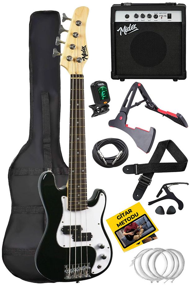 CBG-380BK 38 İNÇ 7/8 Ebat 10-14 Yaş Arası Genç ve Çocuk İçin Amfili Bas Gitar Seti - 1