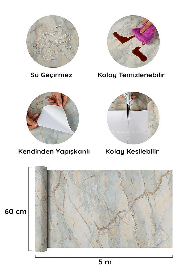 Suya Dayanıklı Mermer Desenli 5mt X 60cm Mutfak Tezgah Dolap Lavabo Yapışkanlı Folyo Kaplama Kağıdı - 7