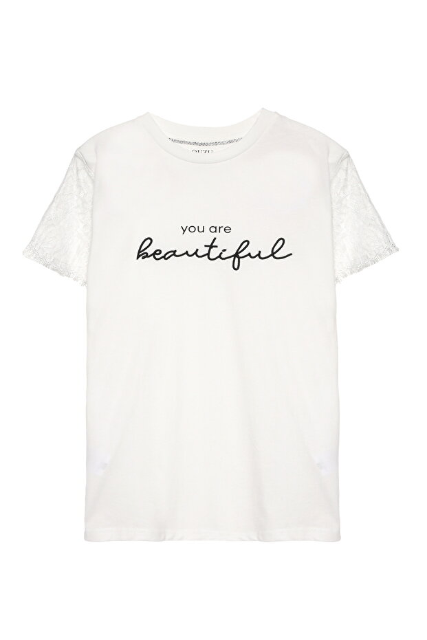 Lace Detailed Letter Printed T-Shirt Ecru