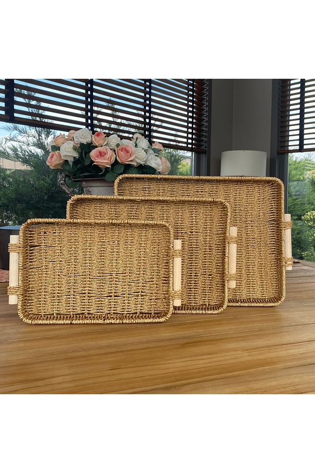 Hasır Rattan Ahşap Kulplu Dikdörtgen Tepsi Sunum 3'lü Set Organizer - 2