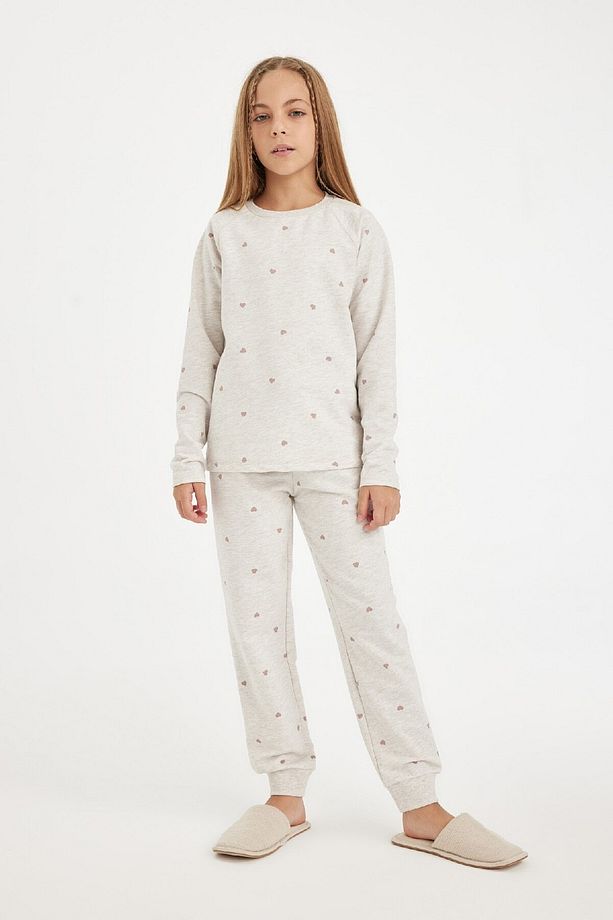 Kız Çocuk Pijama Takımı Kalp Baskılı Bisiklet Yaka Uzun Kollu Üst Uzun Alt D3728a824au - 1