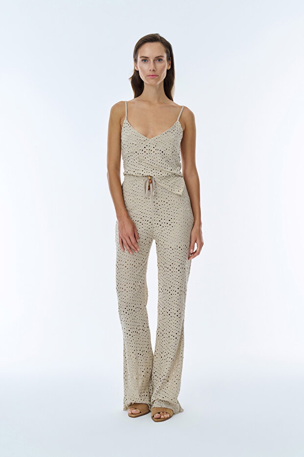 Fisto Detailed High Waist Trousers Beige