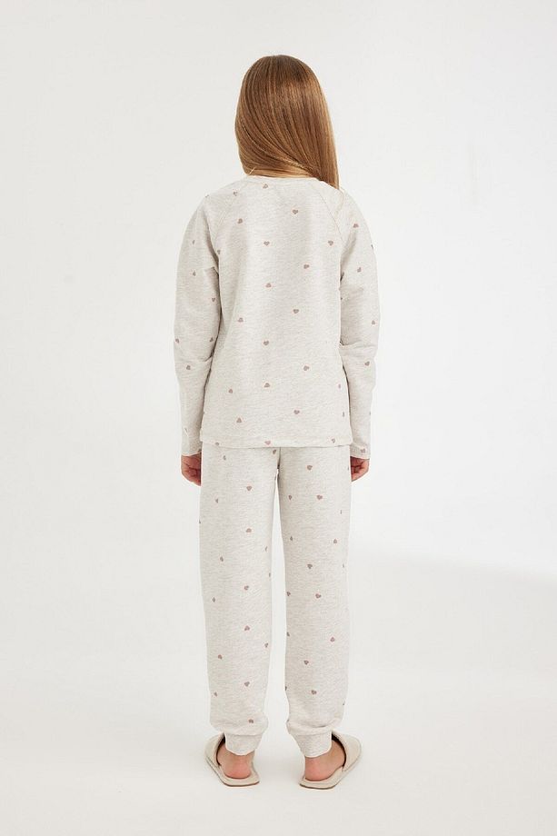 Kız Çocuk Pijama Takımı Kalp Baskılı Bisiklet Yaka Uzun Kollu Üst Uzun Alt D3728a824au - 6