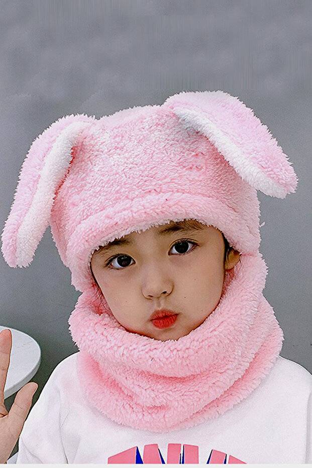Rabbit Kids Plush Beanie Scarf Thermal Hooded Neck Collar Windproof Hat with Ears