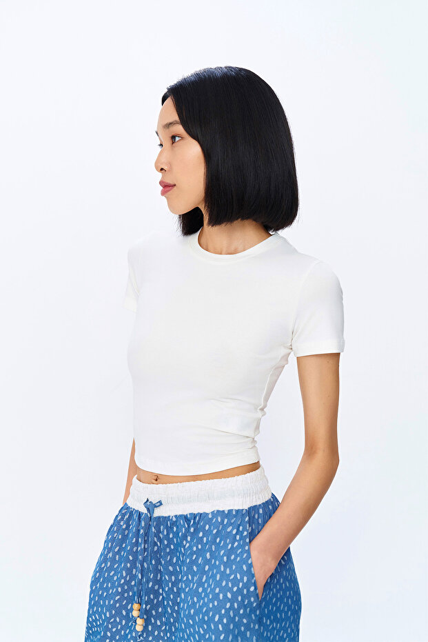 Kısa Kol Basic Crop Tişört Ekru - 4