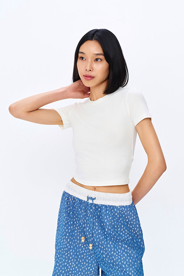 Kısa Kol Basic Crop Tişört Ekru - 3