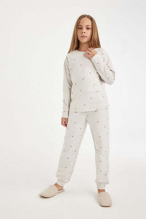 Kız Çocuk Pijama Takımı Kalp Baskılı Bisiklet Yaka Uzun Kollu Üst Uzun Alt D3728a824au - 4