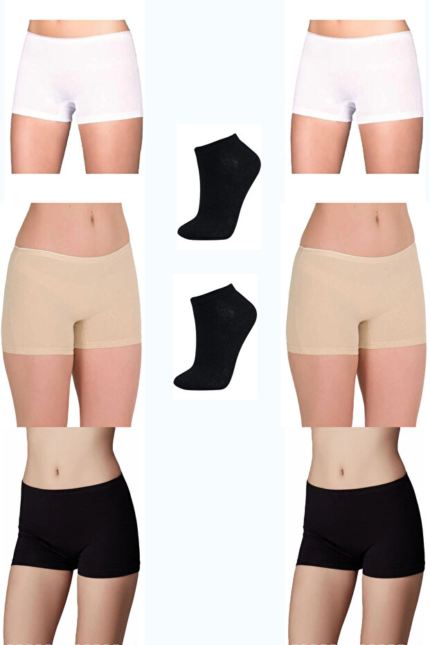 6-Pack Women's Colorful Lycra Boxer Shorts with 2 Pairs of Bamboo Bootie Socks as a Gift