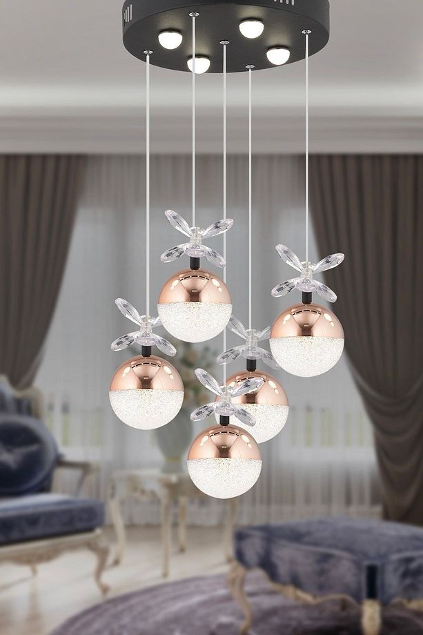 Lokken 5'li Yuvarlak 50 Watt Bakır Kristal Ledli Modern Oturma Odası Salon Sarkıt Avize - 1