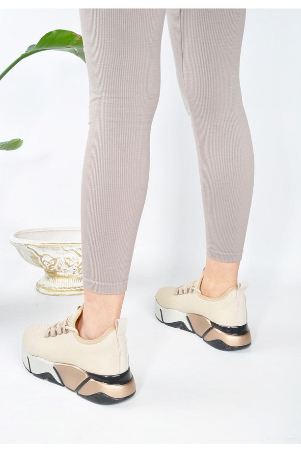 Günlük Bej-multi Kadın Sneaker Bağcıklı Triko Esnek Hafif Ve Kalın Tabanlı Yürüyüş Spor Ayakkabı - 4