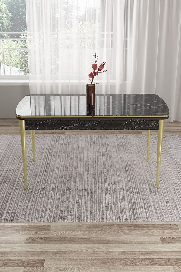 Tia Serisi 80x132 Mdf Açılabilir Siyah Mermer Desen Gold Detay Masa Takımı Ve 6 Gri Sandalye - 3