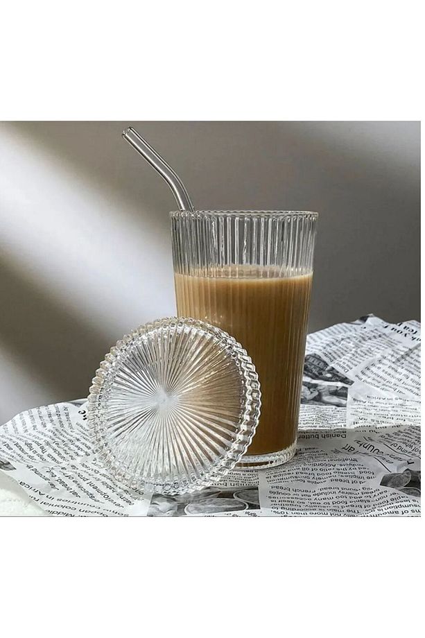 2 Adet 400 ml Cam Kapaklı Pipetli Origami Stil Cam Bardak | Kahve Ve Sunum Bardağı| Meşrubat Bardağı - 4