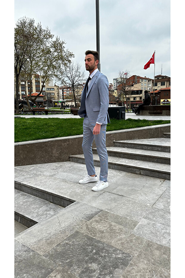 Mavi Doku Kumaştan Erkek Yelekli Spor Rahat Takım Elbise - 3
