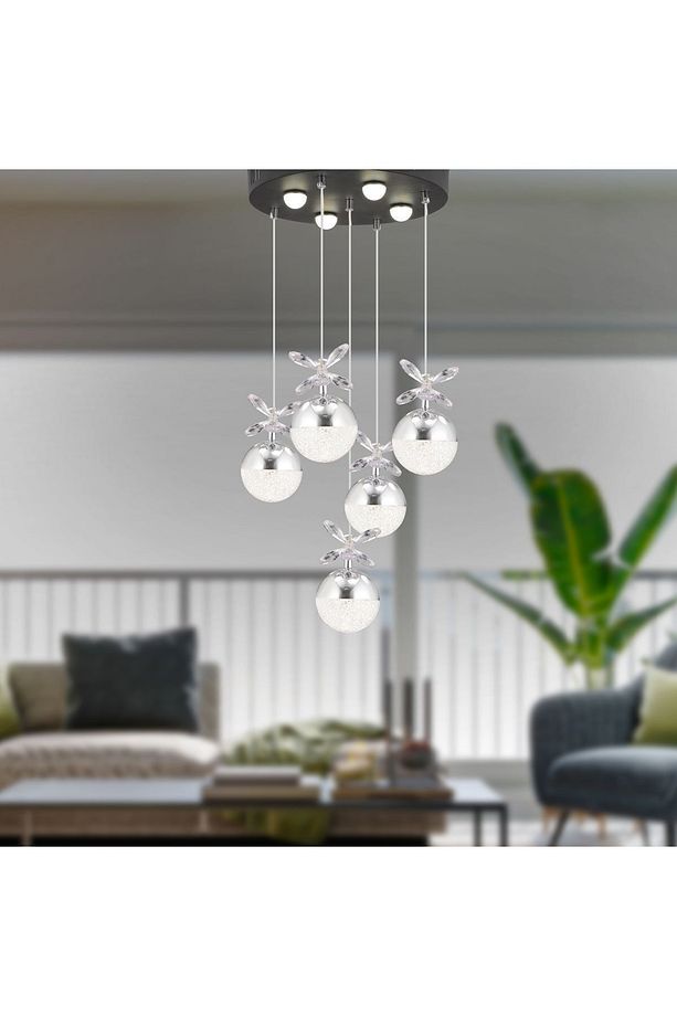 Lokken 5'li Yuvarlak 42 Watt Krom Kristal Ledli Modern Oturma Odası Salon Sarkıt Avize - 1