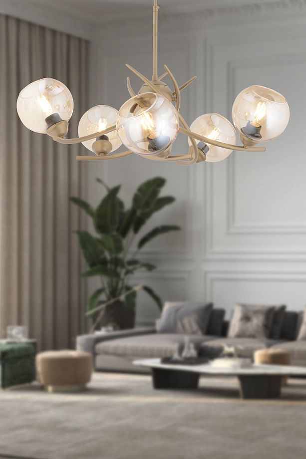 Pireal 5'li Yuvarlak Eskitme Bal Camlı Modern Oturma Odası Salon Avize - 1