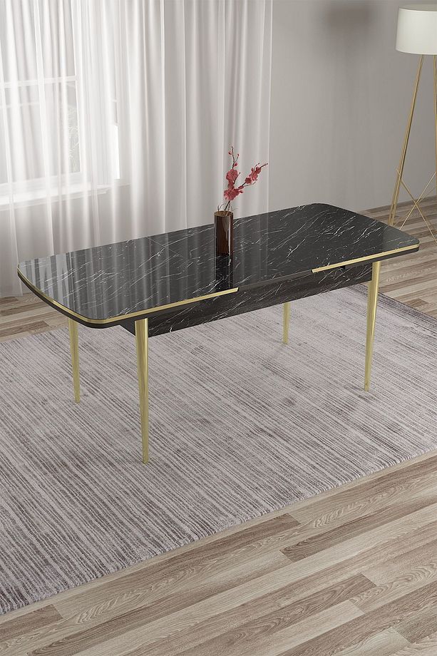 Tia Serisi 80x132 Mdf Açılabilir Siyah Mermer Desen Gold Detay Masa Takımı Ve 6 Gri Sandalye - 4