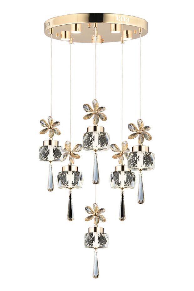 Amaris 6'lı Yuvarlak Gold Kelebek Led Avize Kristal Ledli Modern Oturma Odası Büyük Salon Sarkıt - 4