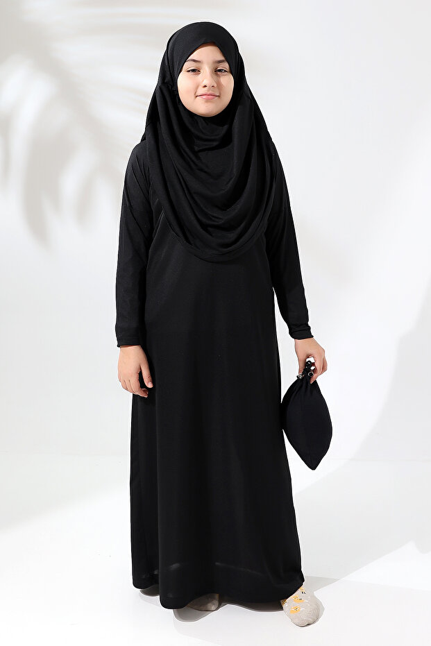 One Piece Practical Children's Prayer Dress with Headscarf Black