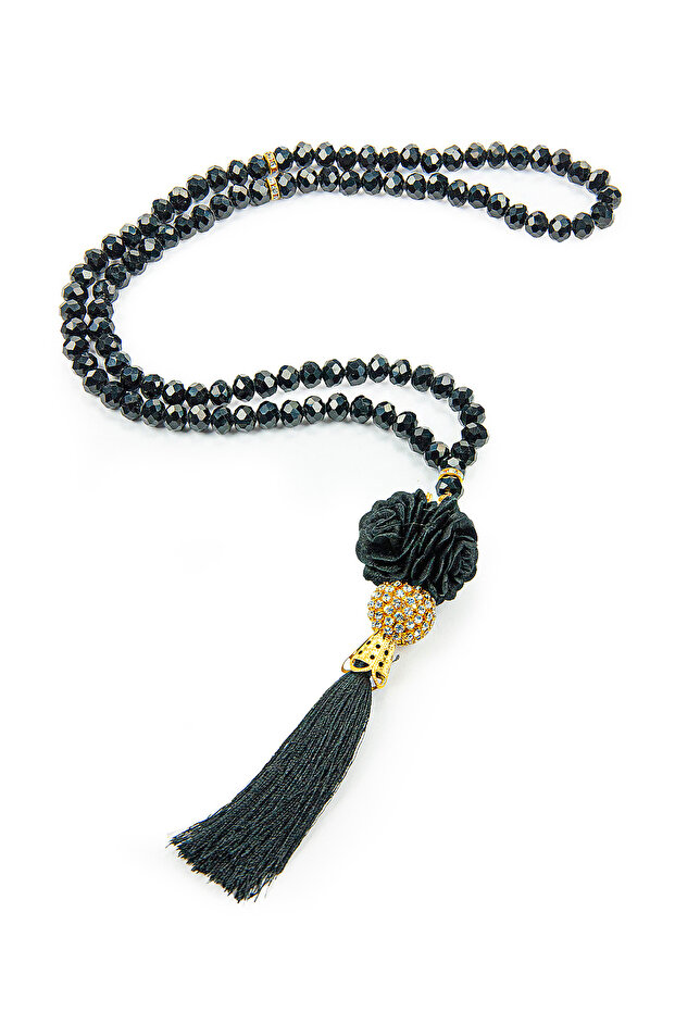 Rose Tassel Detailed Crystal Looking 99 Pieces Hajj Umrah Gift Prayer Beads Black