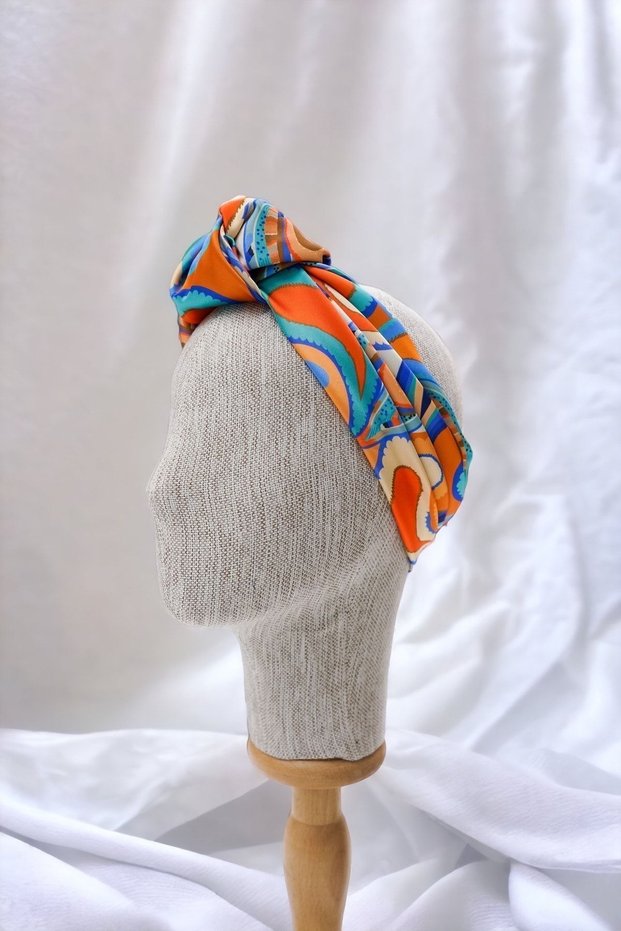 Orange Blue Ethnic Patterned Satin Bandana Colorful Scarf New Season Hair Accessory