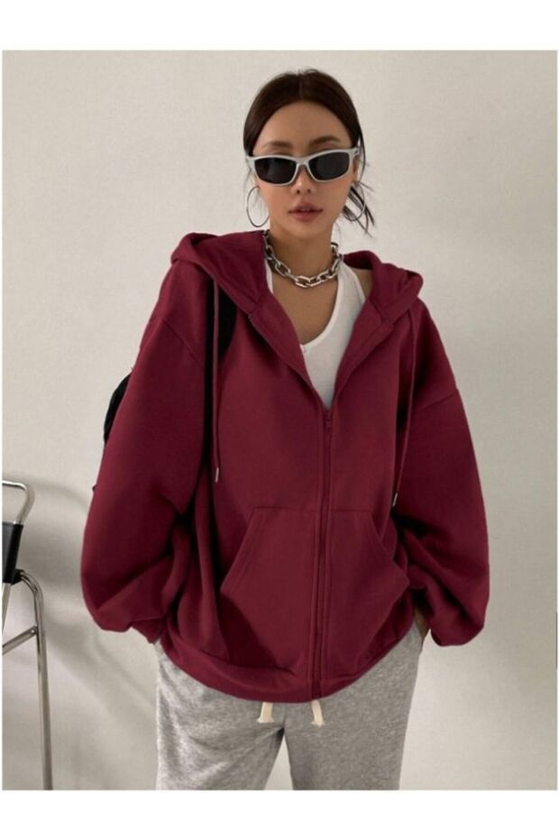 Fermuarlı Oversize Kapüşonlu Sweatshirt - 2