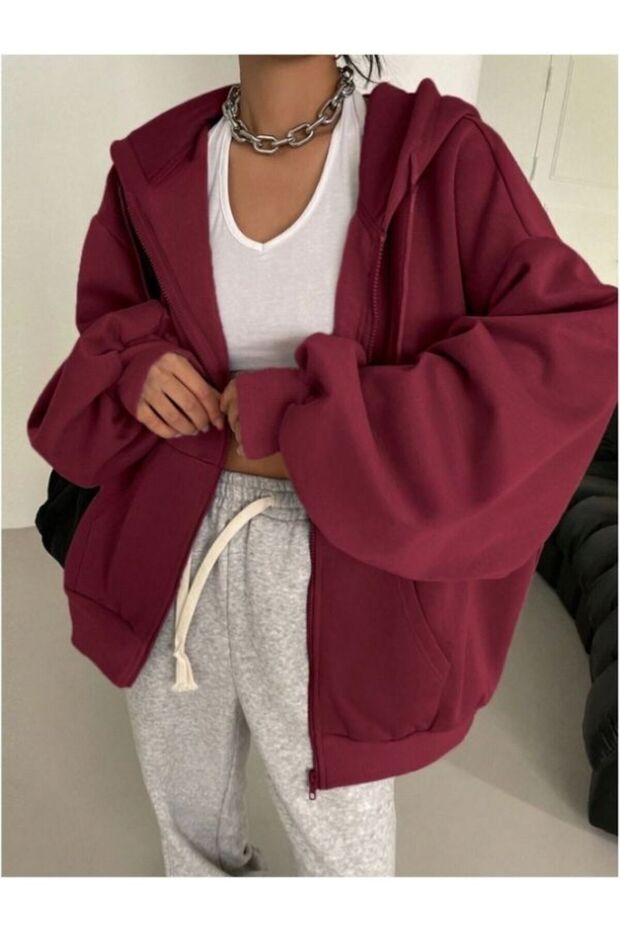 Fermuarlı Oversize Kapüşonlu Sweatshirt - 1